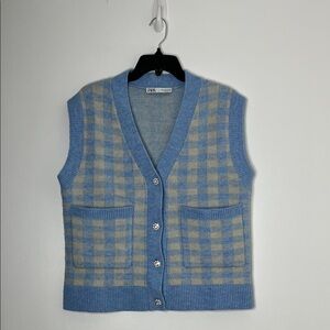 ZARA Plaid checked sleeveless cardigan sweater with jeweled buttons‎ size small